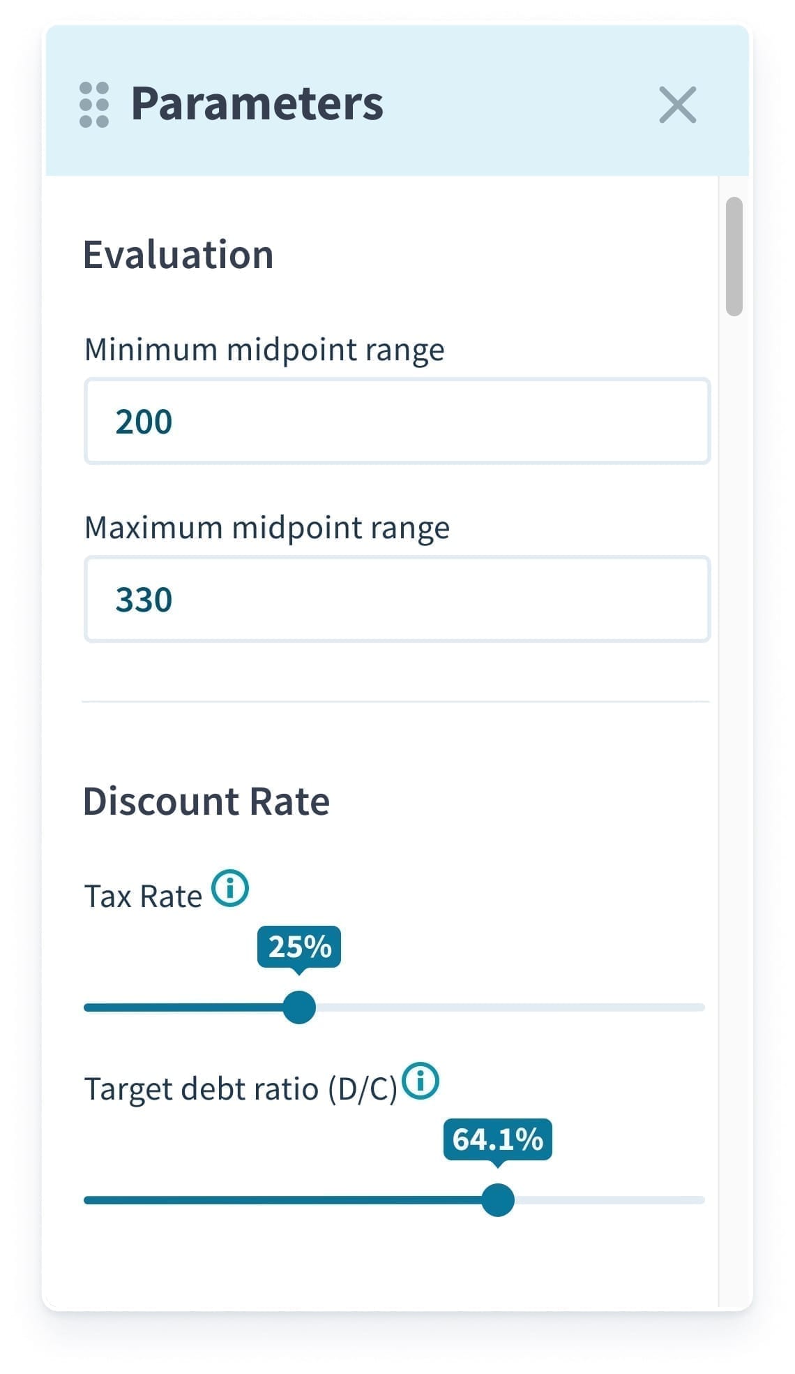 Valutico App 2.0 – 39 Valuitico valuation parameters menu screenshot