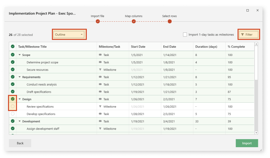 Select MS Project data to import