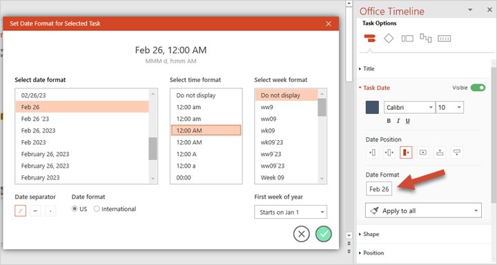 Date Format picker in the Office Timeline Style Pane