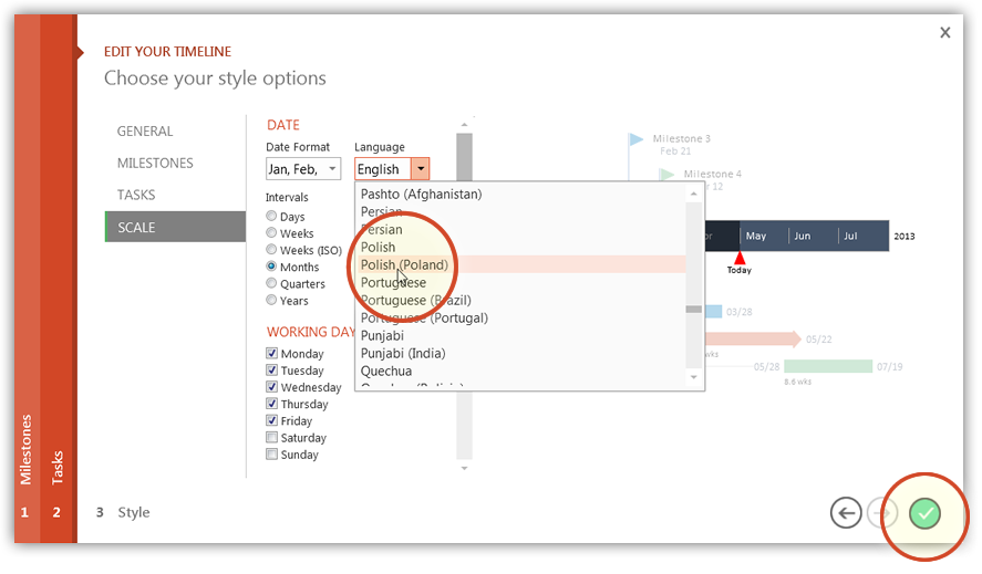 Select the desired language and all the dates