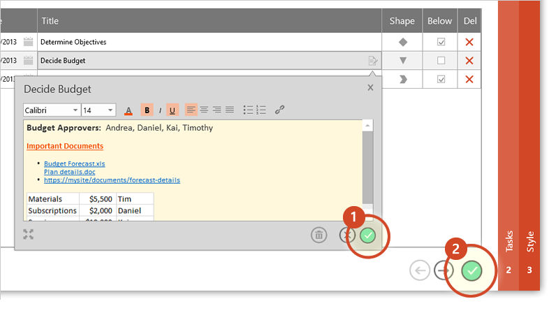 Save notes by pressing the finish button