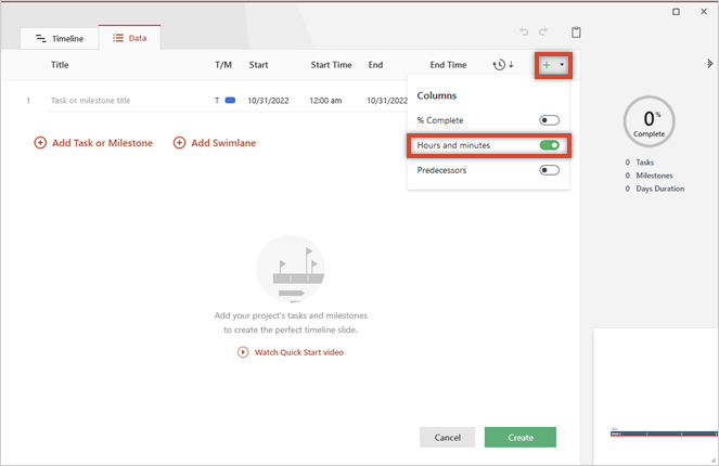 Toggle on Hours and minutes column in Data View